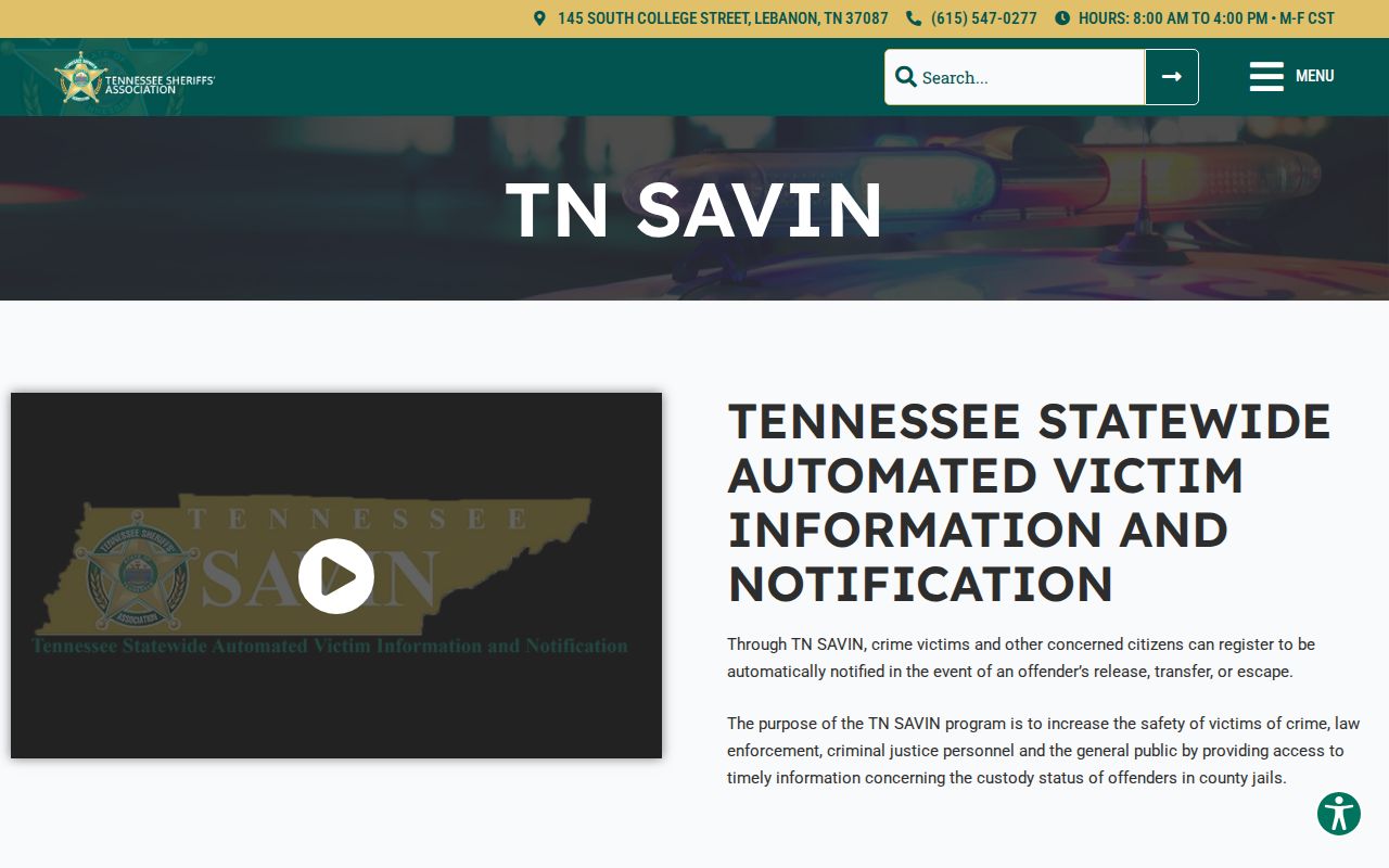 Tennessee SAVIN Rutherford County arrest custody alert information
